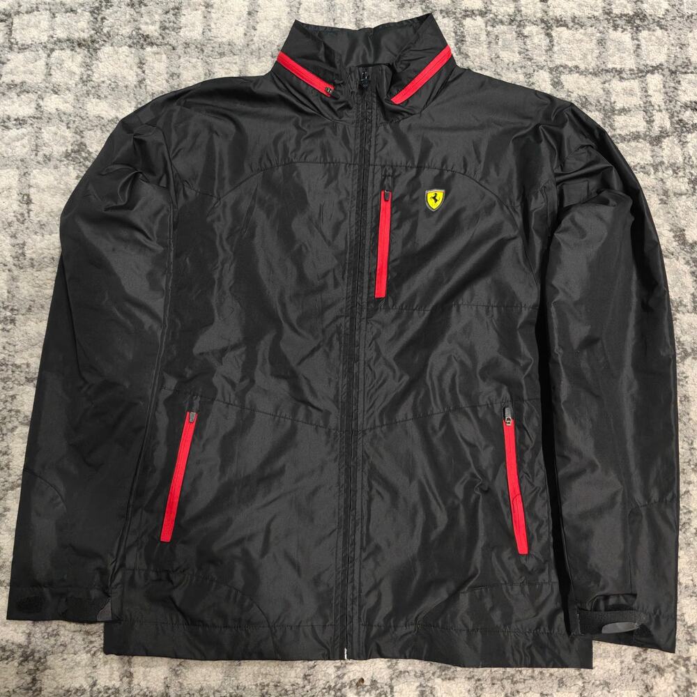 VTG Ferrari Scuderia Windbreaker Jacket Men L Hideaway Hood Black Gorpcore